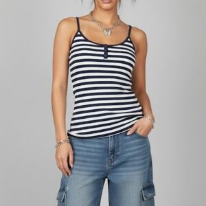Y2K Vintage Old Navy White Stripped Thin Strap Henley Ribbed Tank Top Size M